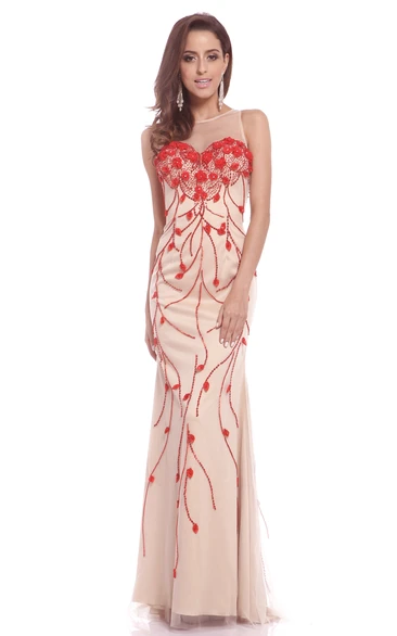 Sheath Scoop-Neck Sleeveless Satin Illusion Dress With Beading And Flower