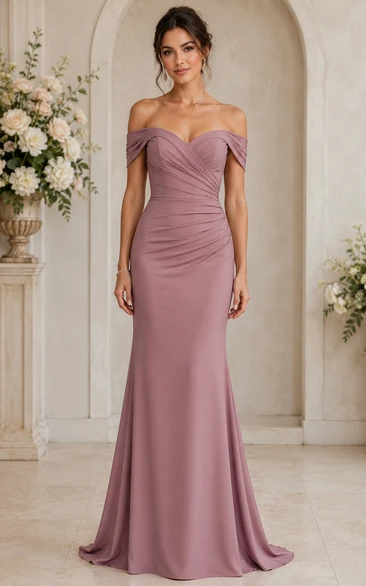 Mauve Off-the-Shoulder Ruched Mermaid Bridesmaid Dress