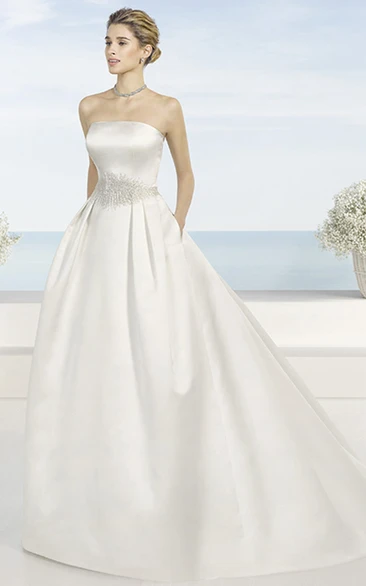 Strapless Floor-Length Beaded Satin Wedding Dress With Brush Train And V Back