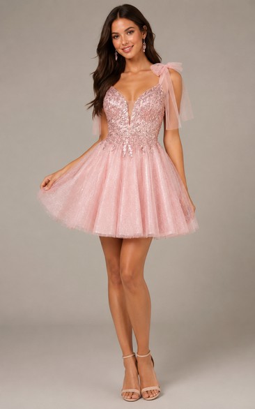 Blushing Pink V-neck A-Line Cocktail Homecoming Dress