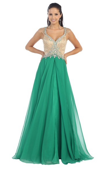 A-Line Long V-Neck Cap-Sleeve Chiffon Keyhole Dress With Beading And Pleats