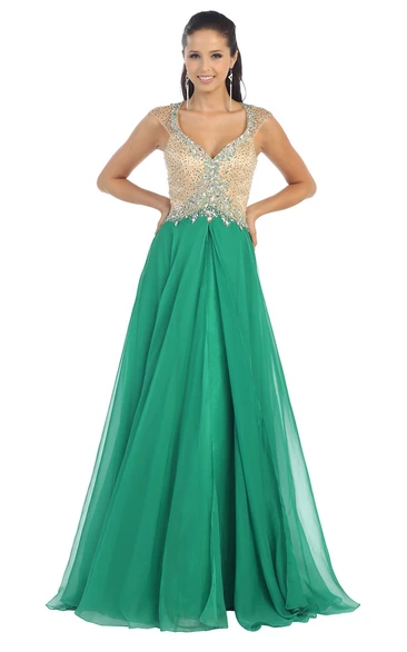 A-Line Long V-Neck Cap-Sleeve Chiffon Keyhole Dress With Beading And Pleats