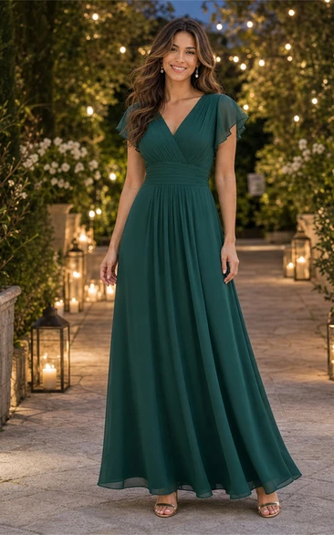Dark Green V-neck Chiffon Floor-length Bridesmaid Dress
