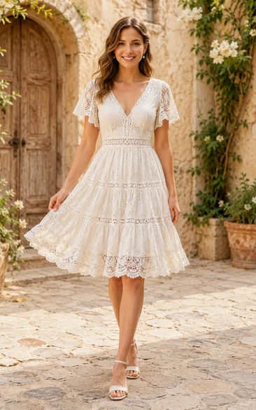 Kurzärmeliges, teelanges Brautkleid aus Spitze mit V-Ausschnitt und Faltenrock