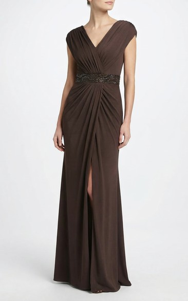 Front Slit V-Neck Mother of the Bride Dress