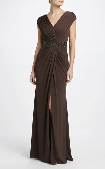 Front Slit V-Neck Mother of the Bride Dress