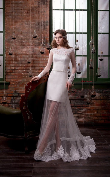 Sheath Floor-Length Scoop Long-Sleeve Illusion Tulle Dress With Appliques