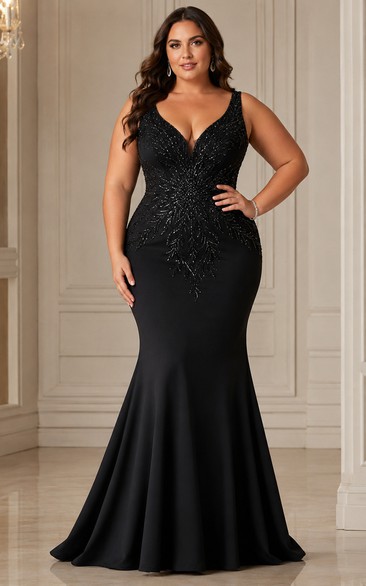Plus Size Mermaid Sequin Plus Size Evening Dress with V-neck, Sleeveless and Sequins Beading, Floor Length