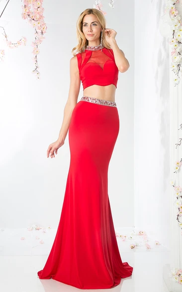 Sheath Maxi High Neck Sleeveless Jersey Zipper Dress With Beading