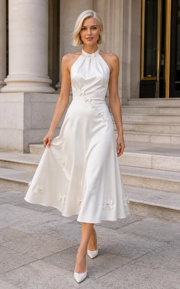 Weißes, wadenlanges Brautkleid aus Satin mit Neckholder und Bindeband am Rücken