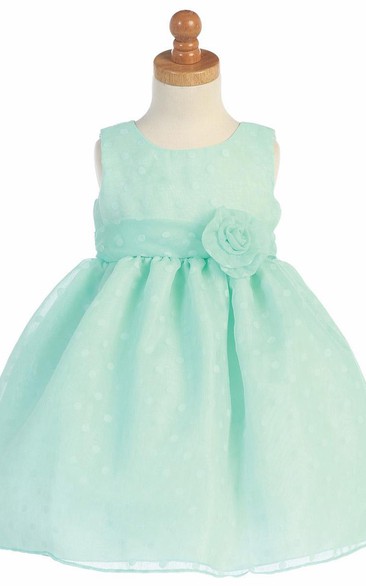 Tea-Length Floral Pleated Floral Flower Girl Dress With Ribbon