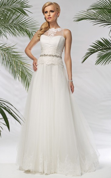 A-Line Sleeveless High-Neck Floor-Length Appliqued Tulle&Satin Wedding Dress With Waist Jewellery