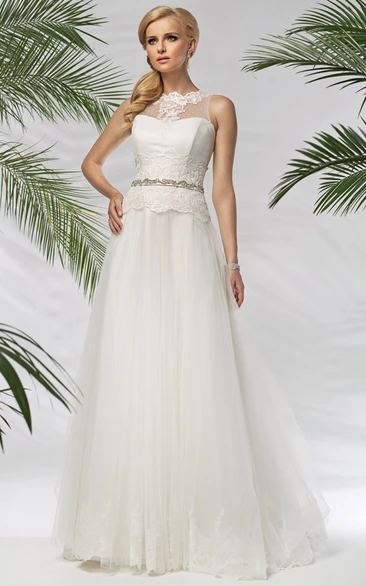 A-Line Sleeveless High-Neck Floor-Length Appliqued Tulle&Satin Wedding Dress With Waist Jewellery