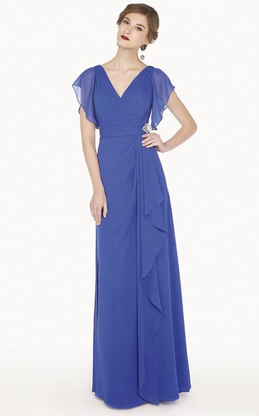 V Neck Side Drape A-Line Chiffon Long Prom Dress With Ruffled Short Sleeve