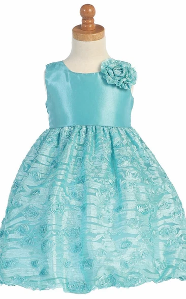 Floral Tea-Length Tiered Empire Tulle&Taffeta Flower Girl Dress With Embroidery
