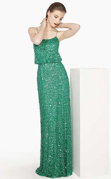 Scoop Neck Sheath Long Prom Dress With Allover Sequins And Spaghetti Straps