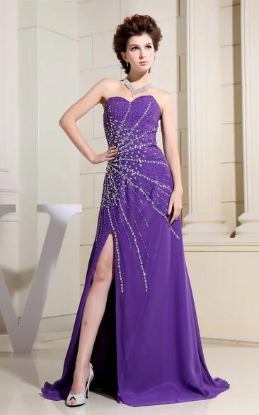 Sweetheart Floor-Length Front-Split Dress With Crystal Detailing