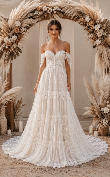 Boho Princess A-Line Wedding Dress Off Shoulder Sweetheart Tulle Lace Applique Tiered Floor Length Chapel Train Ivory