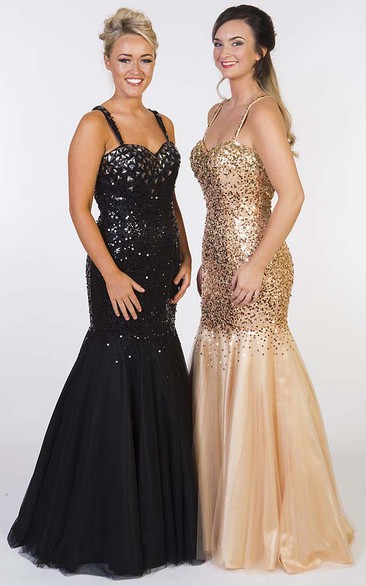 Mermaid Maxi Crystal Spaghetti Sleeveless Sequin Prom Dress With Straps
