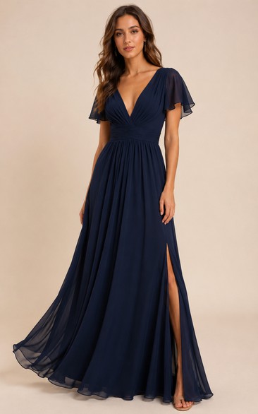 Dark Navy V-neck Flutter Sleeve Chiffon A-Line Dress