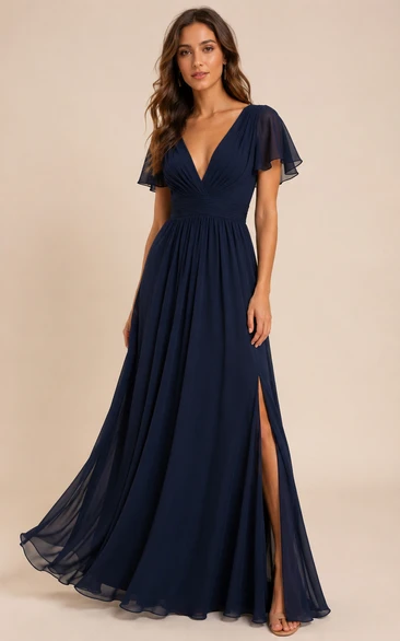 Dark Navy V-neck Flutter Sleeve Chiffon A-Line Dress