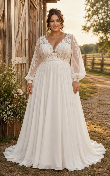Country Plus Size V-neck Chiffon A-line Wedding Dress with Lace