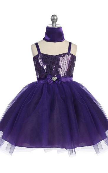 Midi Cape Beaded Tiered Tulle&Sequins Flower Girl Dress With Ribbon