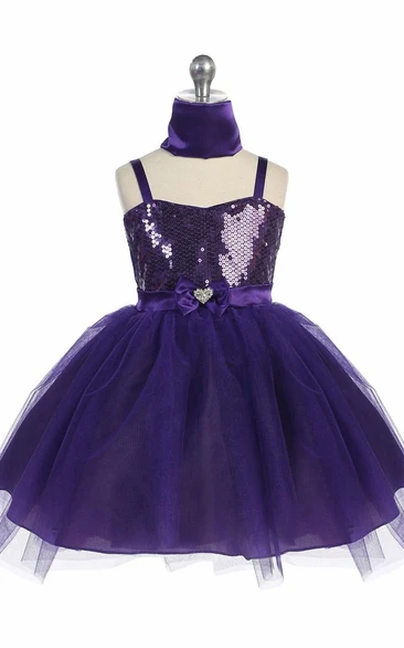 Midi Cape Beaded Tiered Tulle&Sequins Flower Girl Dress With Ribbon