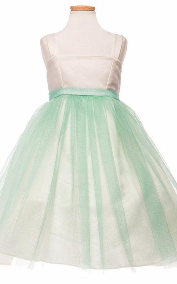 Tea-Length Spaghetti Empire Tiered Tulle&Satin Flower Girl Dress