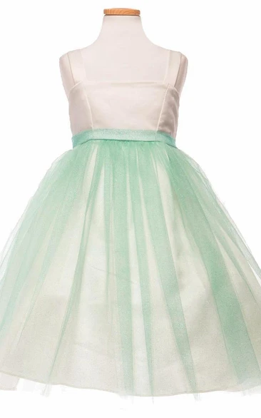 Tea-Length Spaghetti Empire Tiered Tulle&Satin Flower Girl Dress