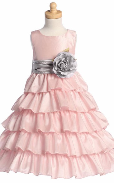 Ankle-Length Tiered Taffeta Flower Girl Dress