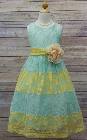 Floral Tea-Length Tiered Lace Flower Girl Dress