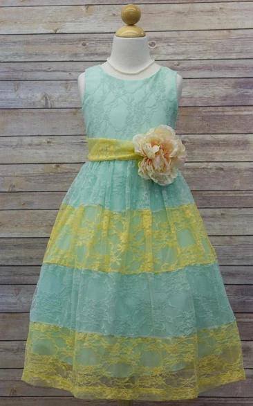 Floral Tea-Length Tiered Lace Flower Girl Dress