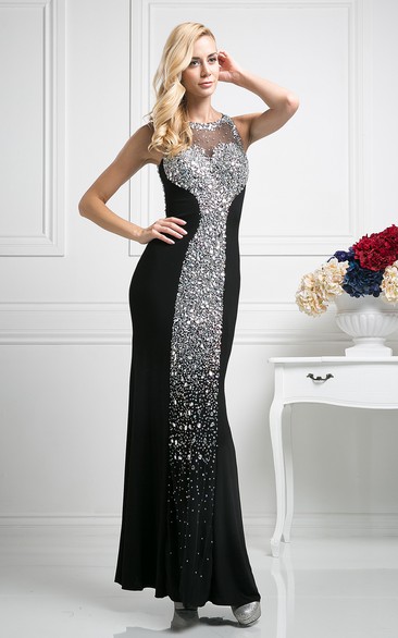 Sheath Jewel-Neck Sleeveless Chiffon Keyhole Dress With Crystal Detailing