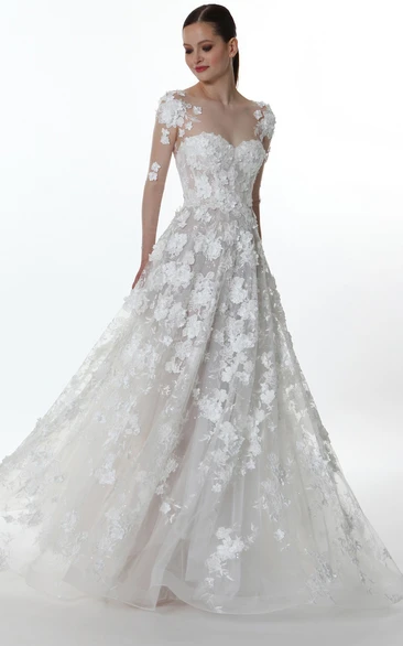 Ethereal Bateau A Line Lace Floor-length Long Sleeve Wedding Dress with Appliques