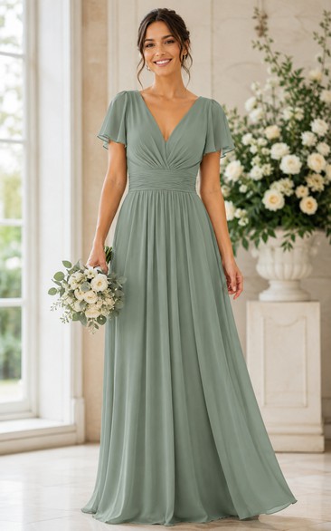 Sage V-Neck Short Sleeve Chiffon A-Line Bridesmaid Dress