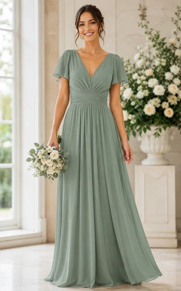 Sage V-Neck Short Sleeve Chiffon A-Line Bridesmaid Dress