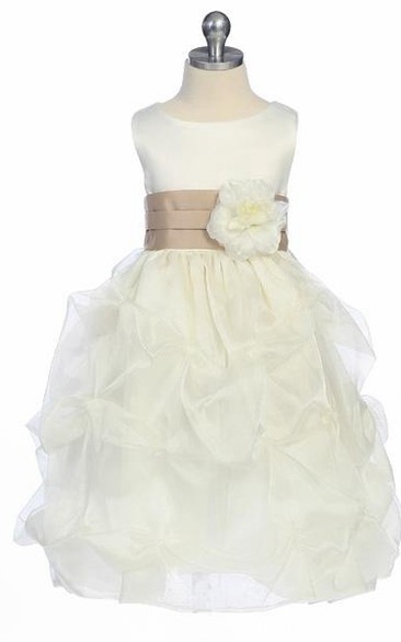 Tea-Length Ruched Organza&Satin Flower Girl Dress