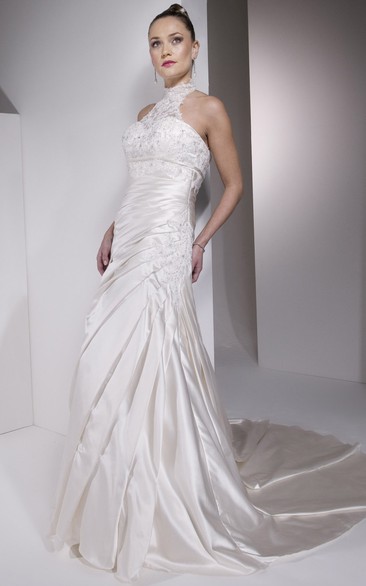 Sheath Sleeveless High Neck Floor-Length Side-Draped Satin Wedding Dress With Illusion Back And Appliques