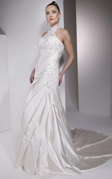 Sheath Sleeveless High Neck Floor-Length Side-Draped Satin Wedding Dress With Illusion Back And Appliques