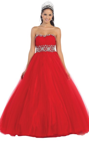 Ball Gown Strapless Tulle Corset Back Dress With Beading And Waist Jewellery