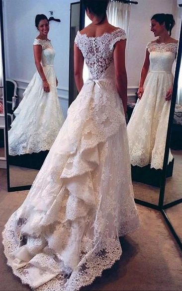 A-line Princess Scoop Lace Court Train Wedding Dresses Styles