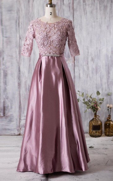 Scoop Neck Half Sleeve A-line Pleated Satin Long Dress With Lace V Back