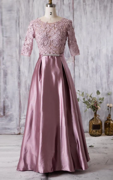 Scoop Neck Half Sleeve A-line Pleated Satin Long Dress With Lace V Back