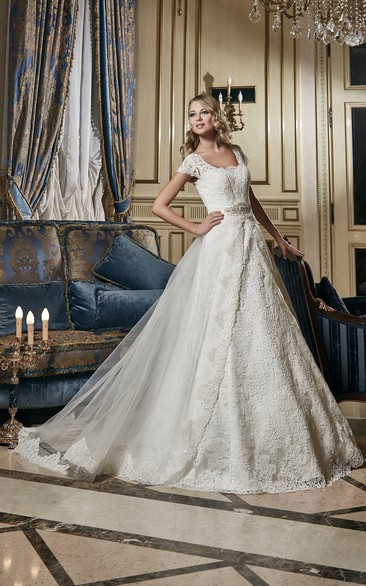 A-Line Long Square-Neck Cap-Sleeve Lace-Up Lace Bridal Dress With Beaded