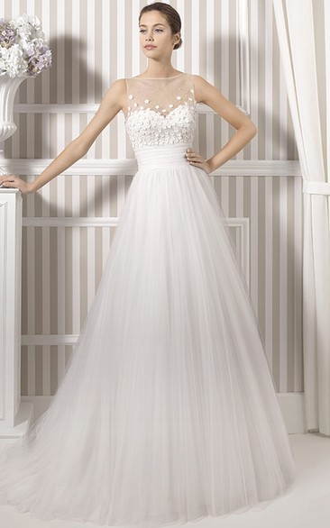 A-Line Floor-Length Bateau Sleeveless Floral Tulle Wedding Dress With Pleats And Illusion Back