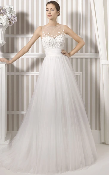 A-Line Floor-Length Bateau Sleeveless Floral Tulle Wedding Dress With Pleats And Illusion Back
