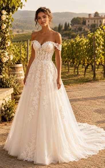 Off Shoulder A-Line Lace Wedding Dress with Floral Appliques and Chapel Train