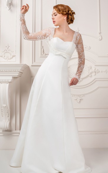 Sheath Square-Neck Floor-Length Long-Sleeve Lace Satin Wedding Dress With Bow