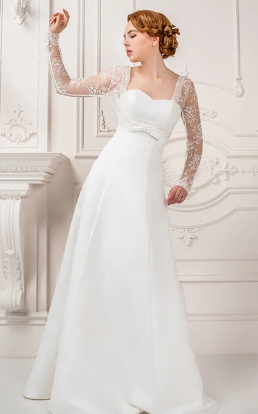 Sheath Square-Neck Floor-Length Long-Sleeve Lace Satin Wedding Dress With Bow